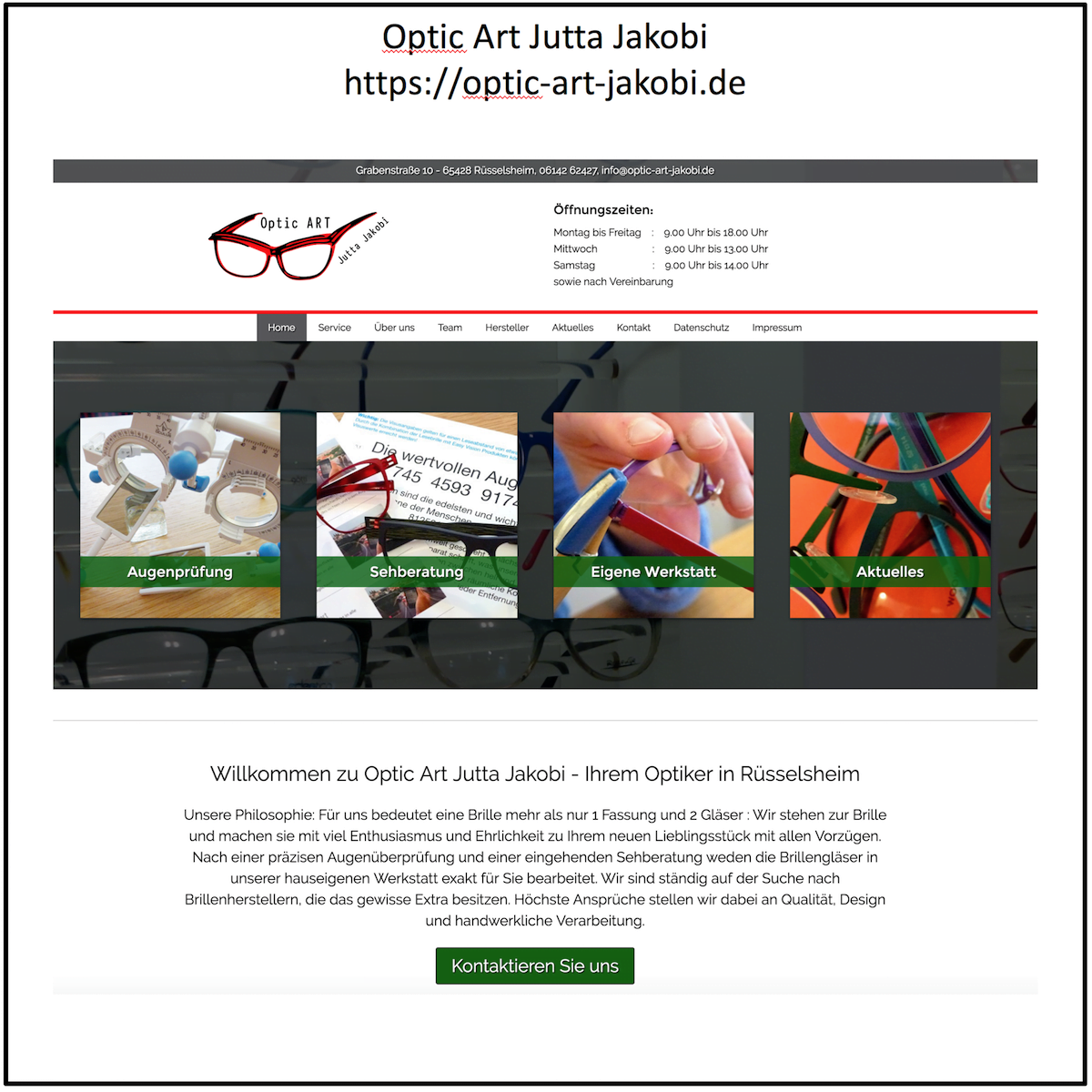 Opticians website with glasses and services.