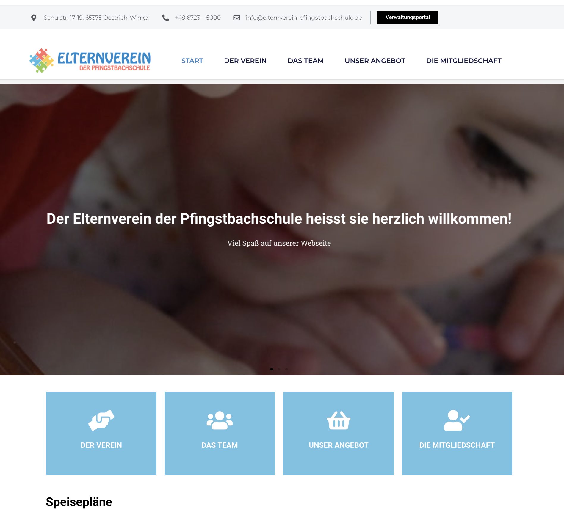 Elternverein-Webseite mit Willkommensgruß.