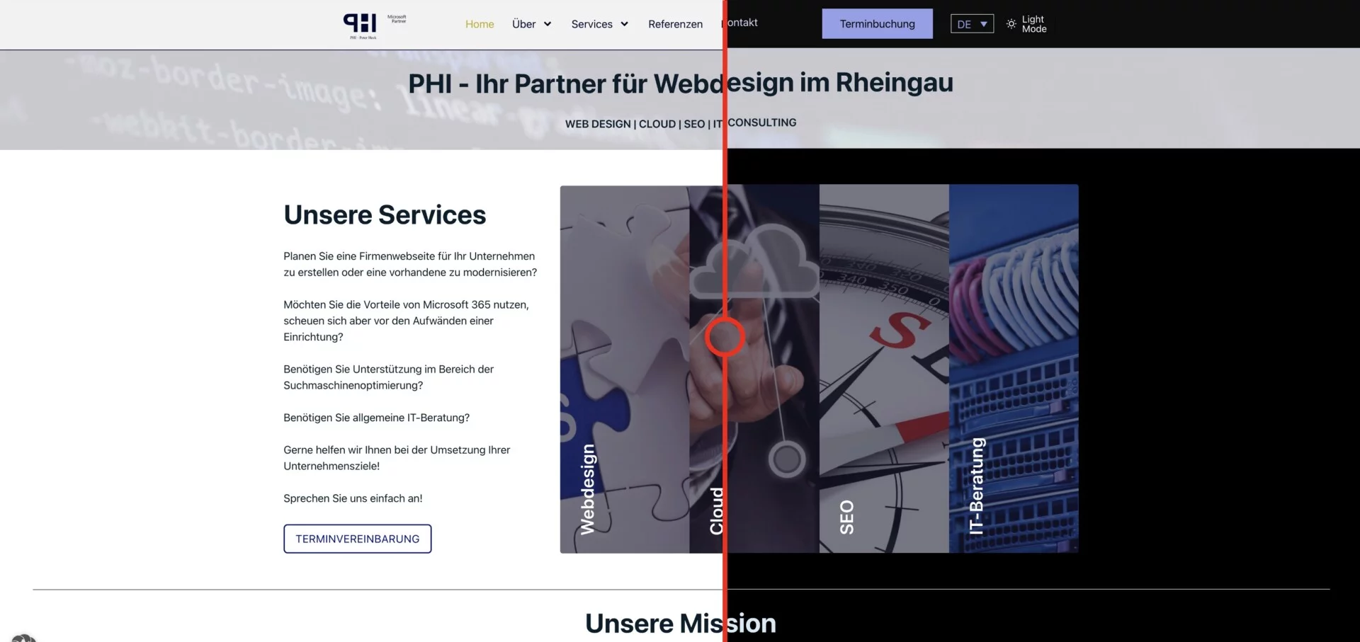 Bild der Homepage in Light und Dark Mode