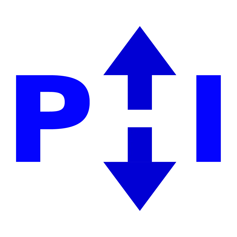 Blaues Logo mit Pfeilen und Buchstaben PHI