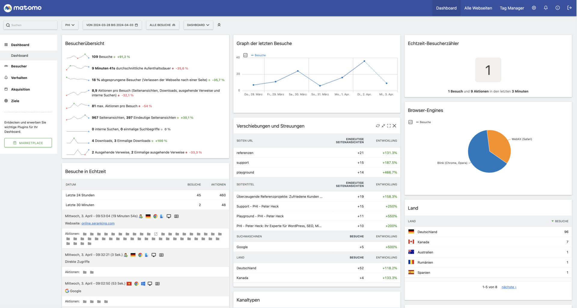 Web analytics dashboard with visitor statistics and real-time data.